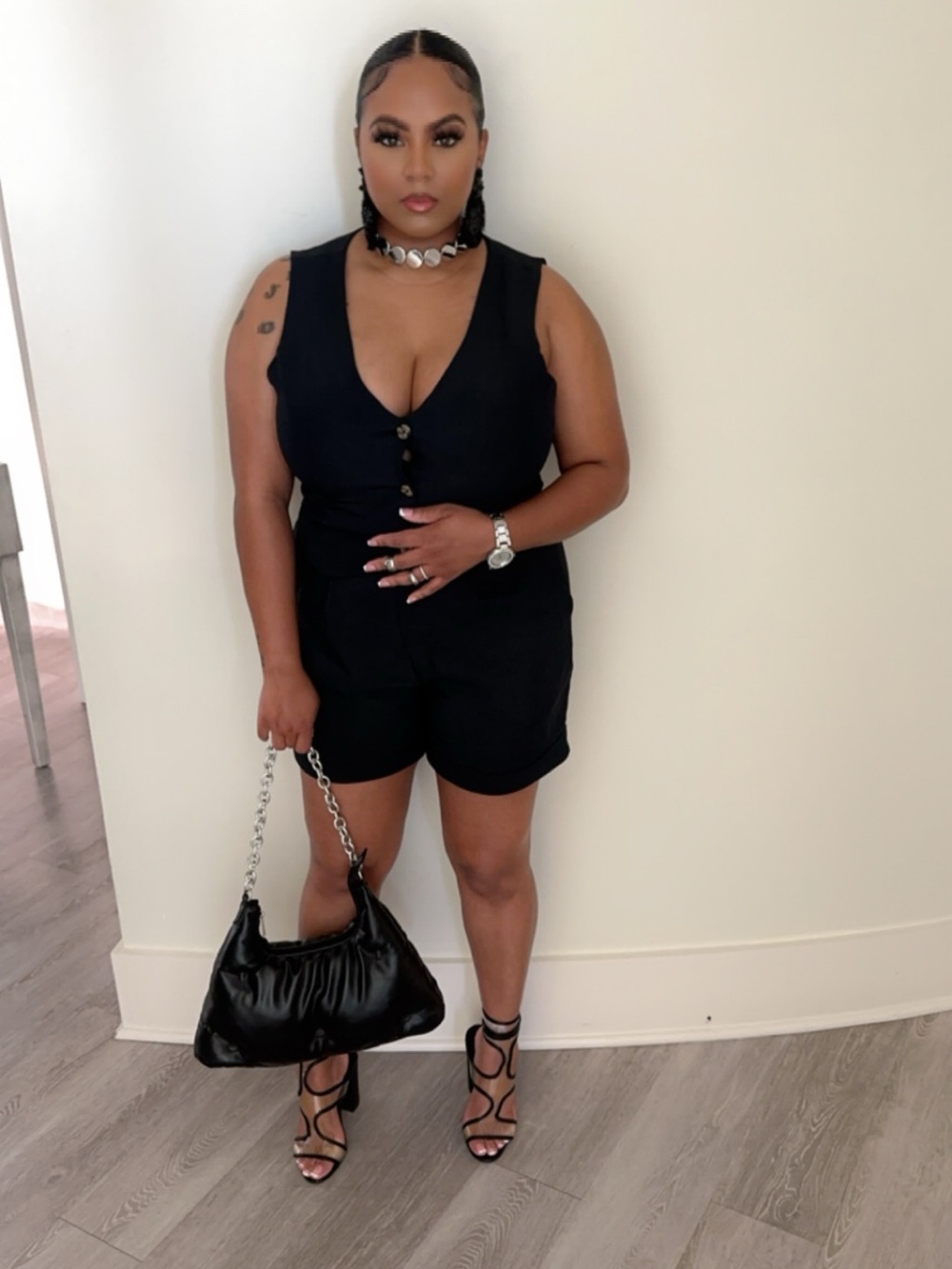Sleeveless Black V-Neck 2 piece jacket and Shorts